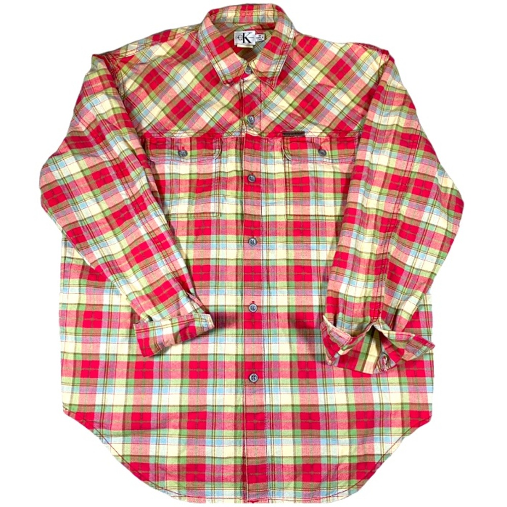 Calvin Klein Shirt Men’s Medium Thick Denim Plaid Button Up Long Sleeve Cowboy